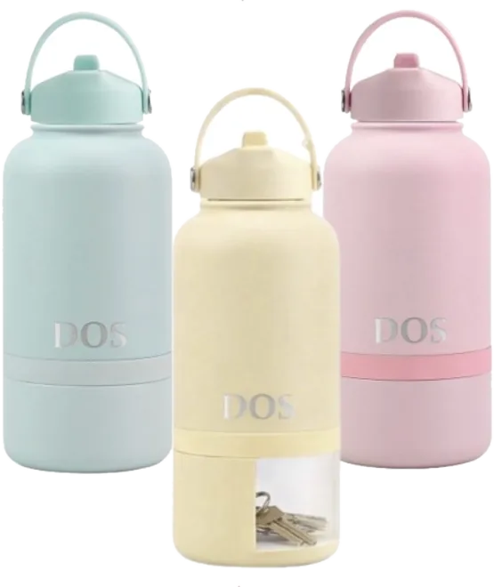 Arctic mint, pastel yellow and pastel pink DOS water bottles, with the yellow bottle's storage base open showing keys inside